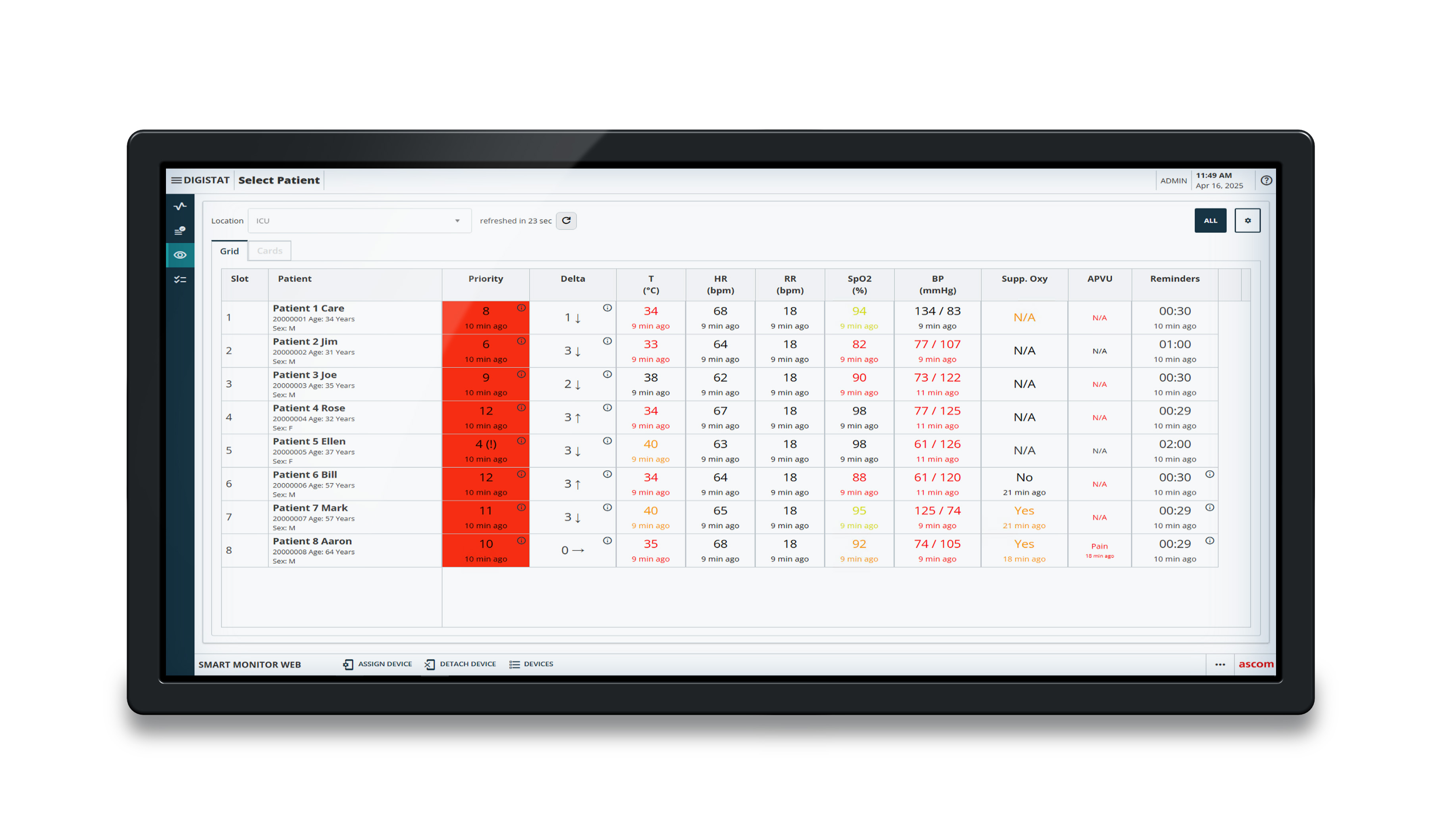 UI on ipad showing a list of patients and measures